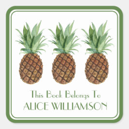 Preppy Tropical Pineapples Gepersonaliseerde Boekp Vierkante Sticker