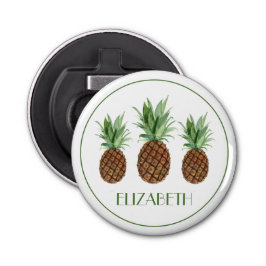 Preppy tropische ananas gepersonaliseerd button flesopener