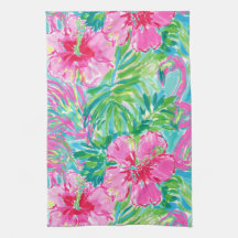 Preppy Tropische Bloem Keuken Handdoeken Flamingo