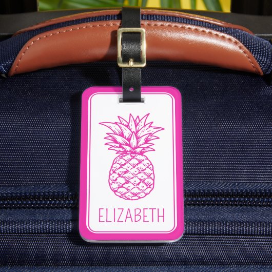 Preppy tropische roze ananas gepersonaliseerd bagagelabel (Voorkant Insitu 2)