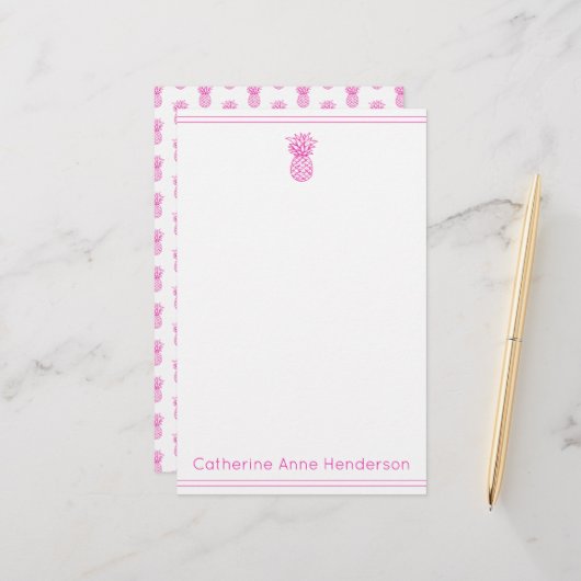 Preppy tropische roze ananas gepersonaliseerd briefpapier (Voorkant / Achterkant in situ)