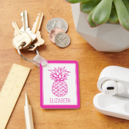 Preppy tropische roze ananas gepersonaliseerd sleutelhanger