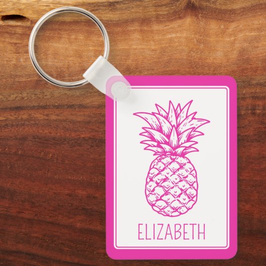 Preppy tropische roze ananas gepersonaliseerd sleutelhanger (Voorkant)