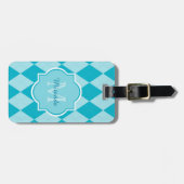 Preppy Turquoise Argyle Girly Monogram en naam Bagagelabel (Voorkant horizontaal)