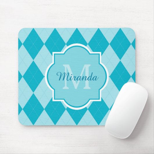Preppy Turquoise Argyle Girly Monogram en naam Muismat (Met muis)
