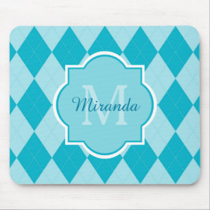 Preppy Turquoise Argyle Girly Monogram en naam Muismat