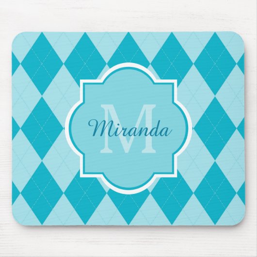 Preppy Turquoise Argyle Girly Monogram en naam Muismat (Voorkant)