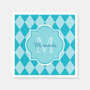 Preppy Turquoise Argyle Girly Monogram en naam Servetten