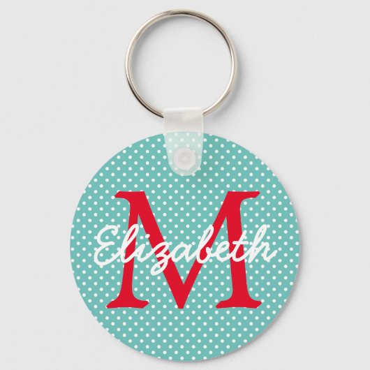 Preppy Turquoise en Rode Stippen Monogram Sleutelhanger (Voorkant)