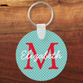 Preppy Turquoise en Rode Stippen Monogram Sleutelhanger (Voorkant)