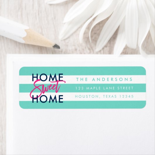 Preppy Turquoise en White Stripes Home Sweet Home Etiket (Insitu)