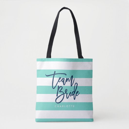 Preppy Turquoise en witte strepen Blauw Team Bride Tote Bag (Voorkant)