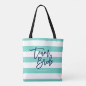 Preppy Turquoise en Witte Strepen Blauwe Team Brui Tote Bag (Achterkant)