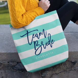 Preppy Turquoise en Witte Strepen Blauwe Team Brui Tote Bag