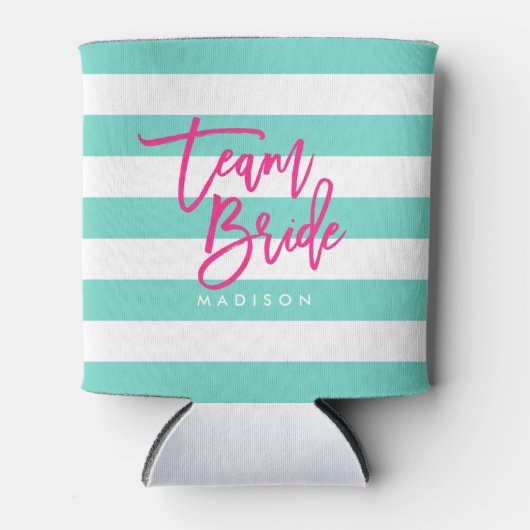 Preppy Turquoise en witte strepen roze team bruid Blikjeskoeler (Voorkant)