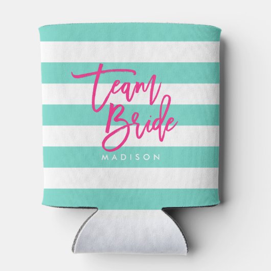 Preppy Turquoise en witte strepen roze team bruid Blikjeskoeler (Achterkant)