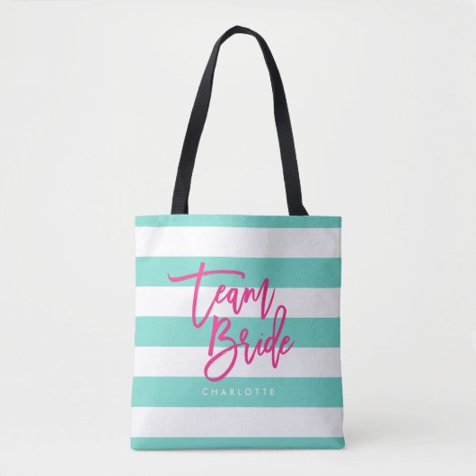 Preppy Turquoise en witte strepen roze team bruid Tote Bag (Voorkant)