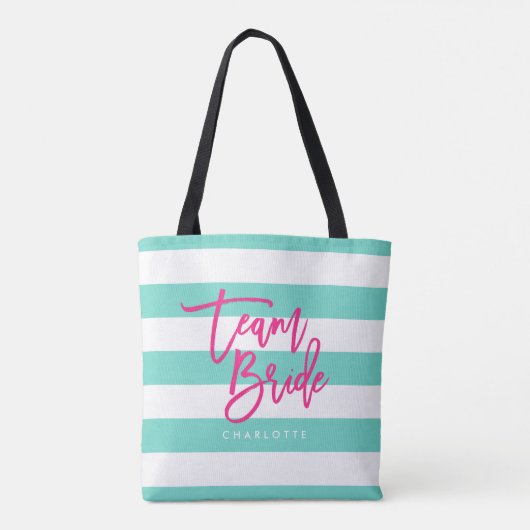 Preppy Turquoise en witte strepen roze team bruid Tote Bag (Achterkant)