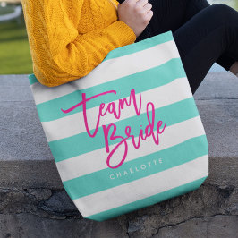 Preppy Turquoise en witte strepen roze team bruid Tote Bag