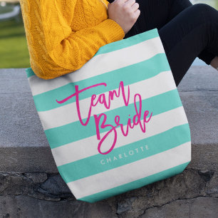 Preppy Turquoise en witte strepen roze team bruid Tote Bag