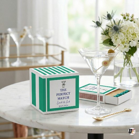 Preppy Turquoise Gestreepte "The Perfect Match" Tr Bedankdoosjes