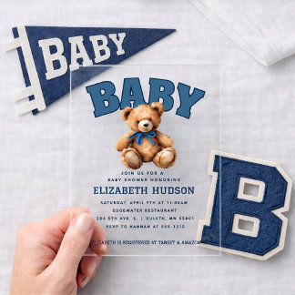 Preppy Varsity Teddy Bear Baby Shower Acrylic Acryl Uitnodigingen
