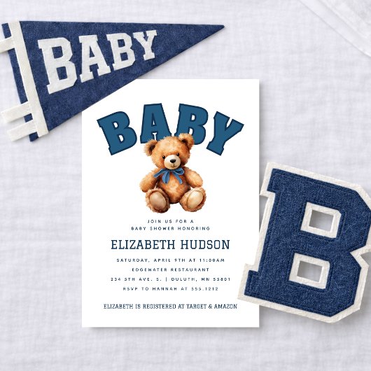 Preppy Varsity Teddybeer Babyshower Uitnodiging