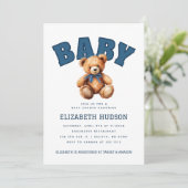 Preppy Varsity Teddybeer Babyshower Uitnodiging (Staand voorkant)