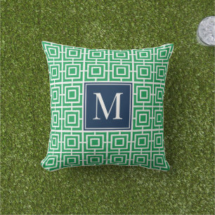 Preppy Vierkant Lattice Monogram – Groen & Marineb Buitenkussen