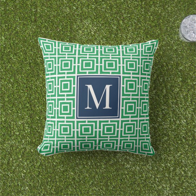 Preppy Vierkant Lattice Monogram – Groen & Marineb Buitenkussen (Gras)