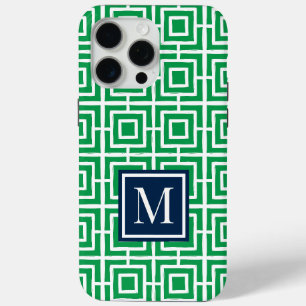 Preppy Vierkant Lattice Monogram – Groen & Marineb iPhone 15 Pro Max Hoesje