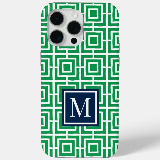 Preppy Vierkant Lattice Monogram – Groen & Marineb Case-Mate iPhone Case (Achterkant)