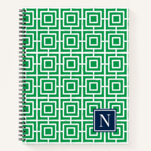 Preppy Vierkant Lattice Monogram – Groen & Marineb Notitieboek