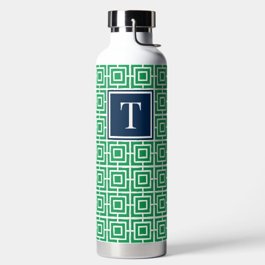 Preppy Vierkant Lattice Monogram - Groen & Marineb Waterfles (Links)