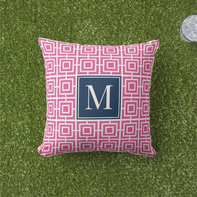 Preppy Vierkant Lattice Monogram – Heet Roze & Mar Buitenkussen (Gras)