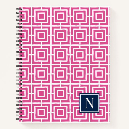 Preppy Vierkant Lattice Monogram – Heet Roze & Mar Notitieboek (Voorkant)