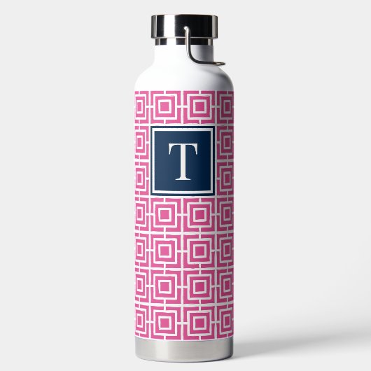 Preppy Vierkant Lattice Monogram Heet Roze & Marin Waterfles (Links)