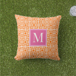 Preppy Vierkant Lattice Monogram Heet Roze & Oranj Buitenkussen