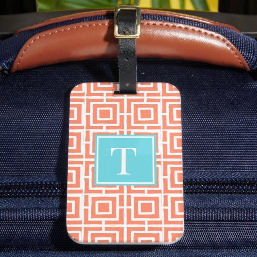 Preppy Vierkant Lattice Monogram - Koraal & Turkoo Bagagelabel (Voorkant Insitu 2)