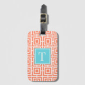 Preppy Vierkant Lattice Monogram - Koraal & Turkoo Bagagelabel (Voorkant (verticaal))