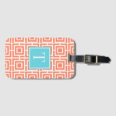 Preppy Vierkant Lattice Monogram - Koraal & Turkoo Bagagelabel (Voorkant (horizontaal))