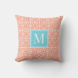 Preppy Vierkant Lattice Monogram - Koraal & Turkoo Buitenkussen