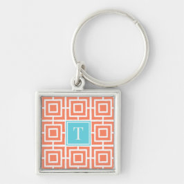 Preppy Vierkant Lattice Monogram - Koraal & Turkoo Sleutelhanger