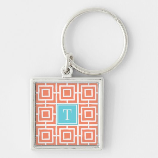 Preppy Vierkant Lattice Monogram - Koraal & Turkoo Sleutelhanger (Voorkant)