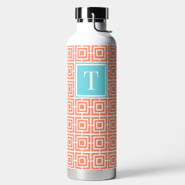 Preppy Vierkant Lattice Monogram - Koraal & Turkoo Waterfles