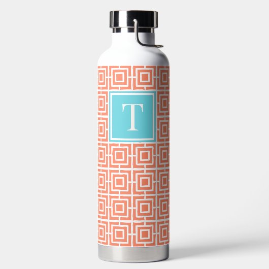 Preppy Vierkant Lattice Monogram - Koraal & Turkoo Waterfles (Links)