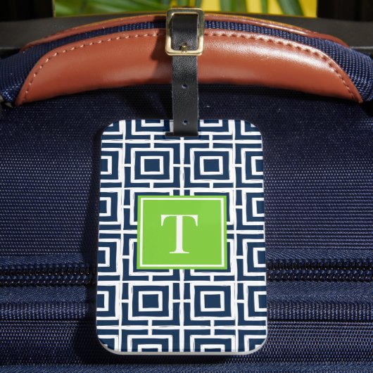 Preppy Vierkant Lattice Monogram – Marine & Lime Bagagelabel (Voorkant Insitu 2)