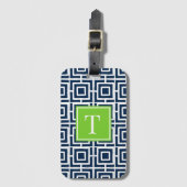Preppy Vierkant Lattice Monogram – Marine & Lime Bagagelabel (Voorkant (verticaal))