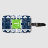 Preppy Vierkant Lattice Monogram – Marine & Lime Bagagelabel (Voorkant (horizontaal))
