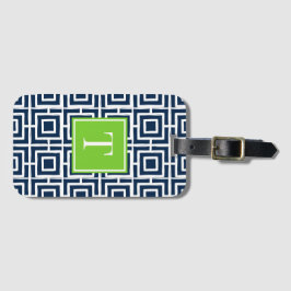 Preppy Vierkant Lattice Monogram – Marine & Lime Bagagelabel